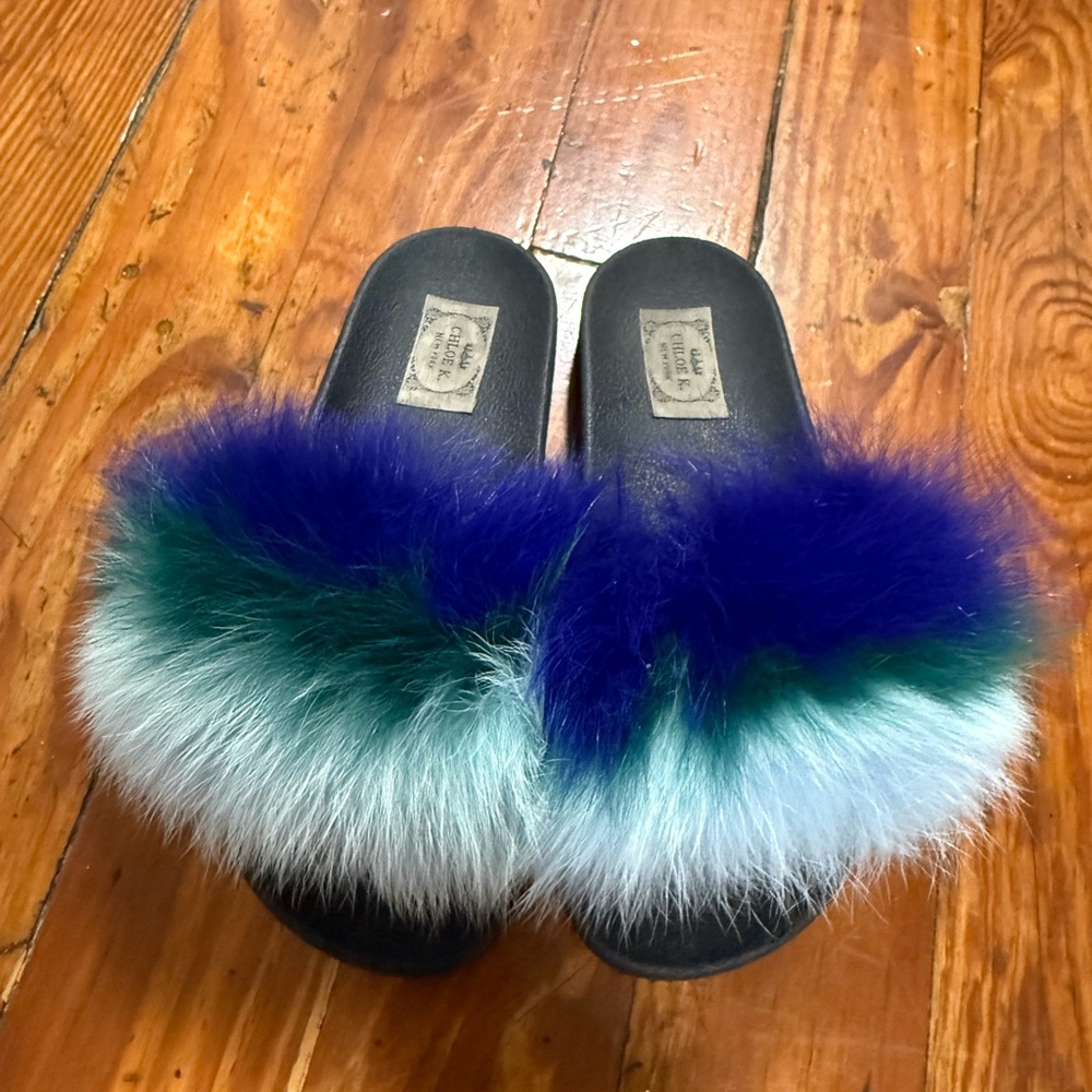 Furry Blue and Green Slide Sandals